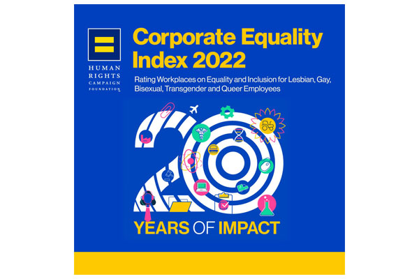 Human Rights Campaign Foundation Corporate Equality Index 2022 Rating Workplaces on Equality and Inclusion for Lesbian, Gay, Bisexual, Transgender and Queer Employees 20 years of impact award logo